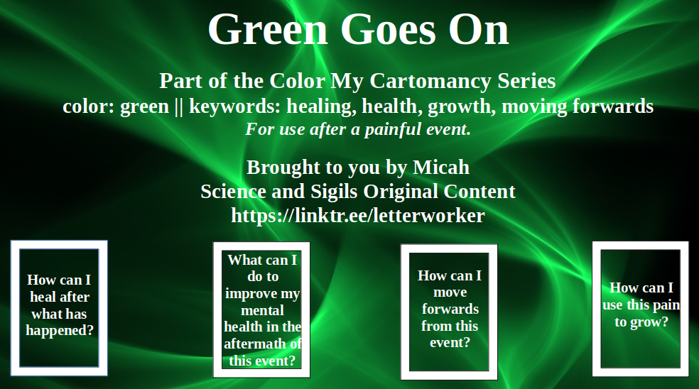 The 'Green Goes On' Color My Cartomancy spread. 